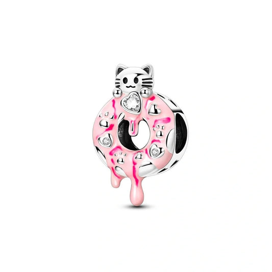 jewlouli pink donut cat pandora charm jewelry fits pandora bracelet