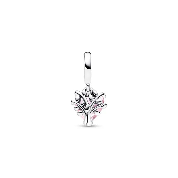 Pink Family Tree Heart Dangle Charm - Heart dangle with family tree design in pink, a sentimental family piece.