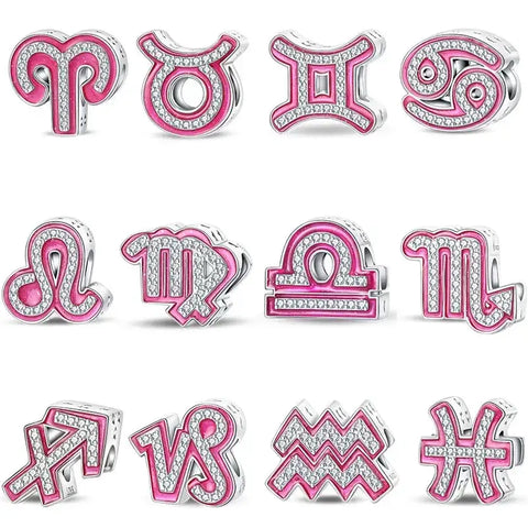Zodiac sign charm beads with pink enamel and crystal accents.