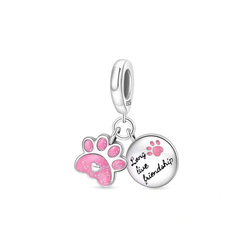 Pink Glitter Pawprint Friendship Double Dangle Charm - Pink Glitter Pawprint Friendship Double Dangle Charm