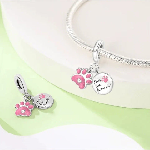 Pink Glitter Pawprint Friendship Double Dangle Charm - Pink Glitter Pawprint Friendship Double Dangle Charm