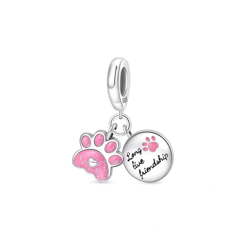 jewlouli pink glitter pawprint friendship double dangle pandora charm jewelry fits pandora bracelet