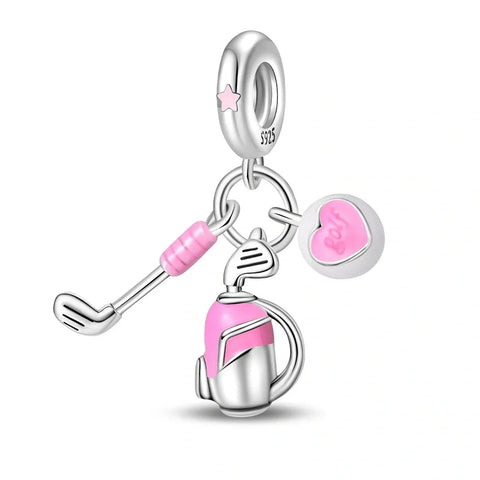 Pink Golf Club, Bag & Heart Dangle Charm - Pink Golf Club, Bag & Heart Dangle Charm