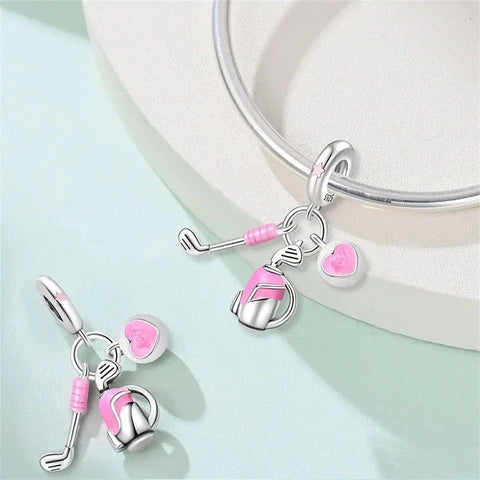 Pink Golf Club, Bag & Heart Dangle Charm - Pink Golf Club, Bag & Heart Dangle Charm