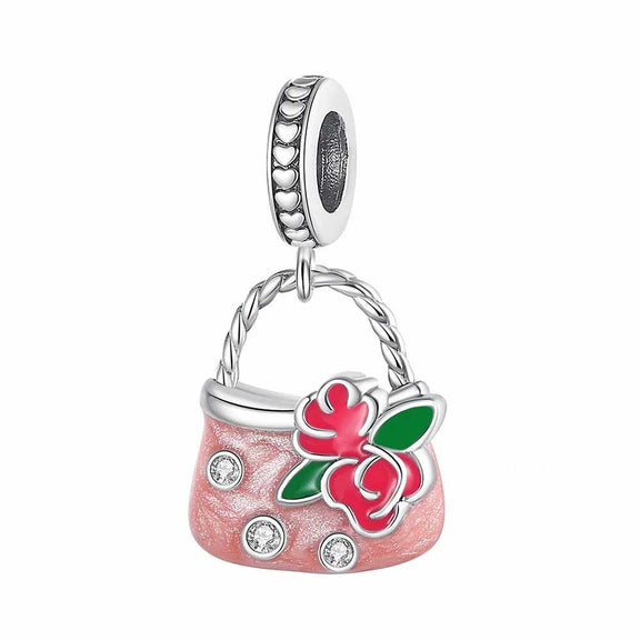 Pink Handbag Charm with Rose Flower Design – Elegant Accessory for Pandora Bracelets - Elegant pink handbag charm with rose flower design in sterling silver for stylish bracelets.