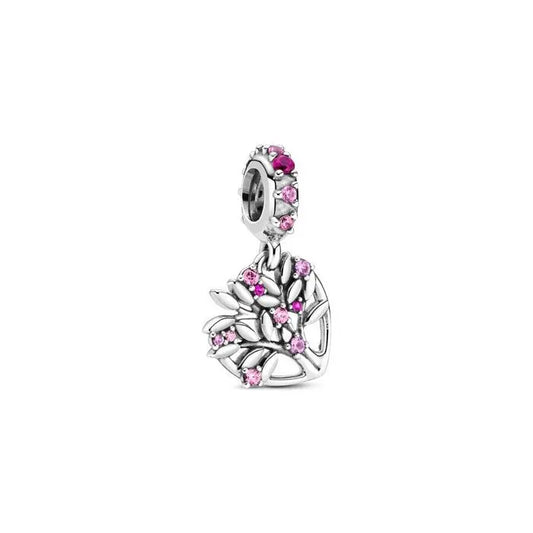 Heart and family tree dangle charm in pink, symbolizes family connections on bracelets