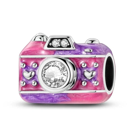 jewlouli pink purple heart accented camera pandora charm jewelry fits pandora bracelet