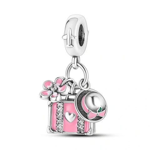 Pink Travel Suitcase with Flower & Sun Hat Dangle Charm - Pink Travel Suitcase with Flower & Sun Hat Dangle Charm