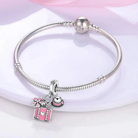 Pink Travel Suitcase with Flower & Sun Hat Dangle Charm - Pink Travel Suitcase with Flower & Sun Hat Dangle Charm