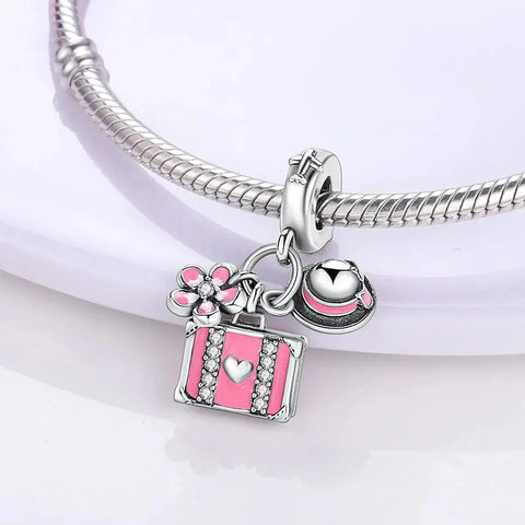 Pink Travel Suitcase with Flower & Sun Hat Dangle Charm - Pink Travel Suitcase with Flower & Sun Hat Dangle Charm