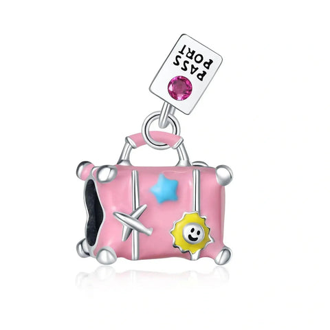 Pink Travel Suitcase with Passport Tag Charm - Pink Travel Suitcase with Passport Tag Charm
