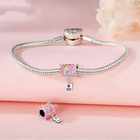 Pink Travel Suitcase with Passport Tag Charm - Pink Travel Suitcase with Passport Tag Charm