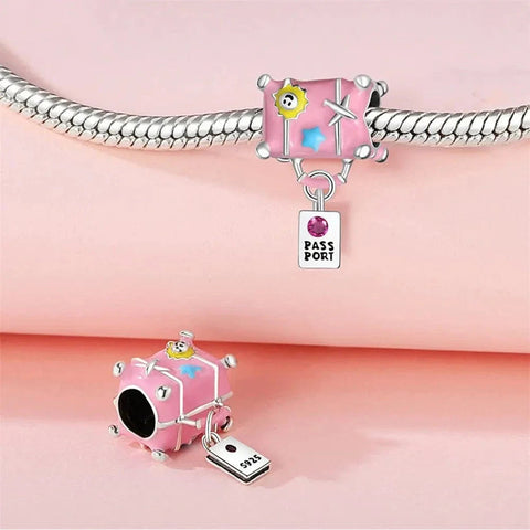 Pink Travel Suitcase with Passport Tag Charm - Pink Travel Suitcase with Passport Tag Charm