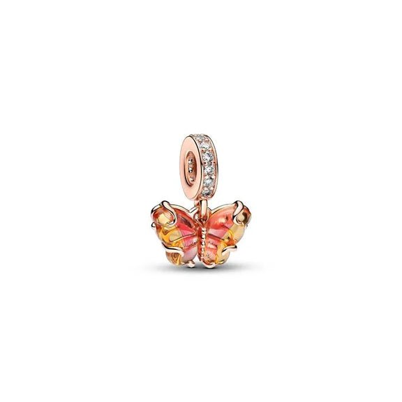 Pink & Yellow Murano Glass Butterfly Dangle Charm - Pandora Rose - Elegant pavé feather clip, adds a graceful and sparkling finish to any charm bracelet