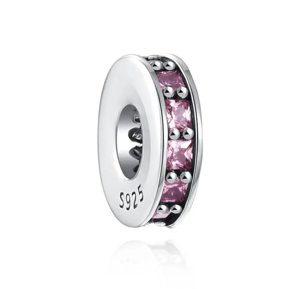 Pink Cubic Zirconia Spacer Charm in Sterling Silver - Sterling silver spacer charm with pink cubic zirconia stones, designed to add color and space to your bracelet.