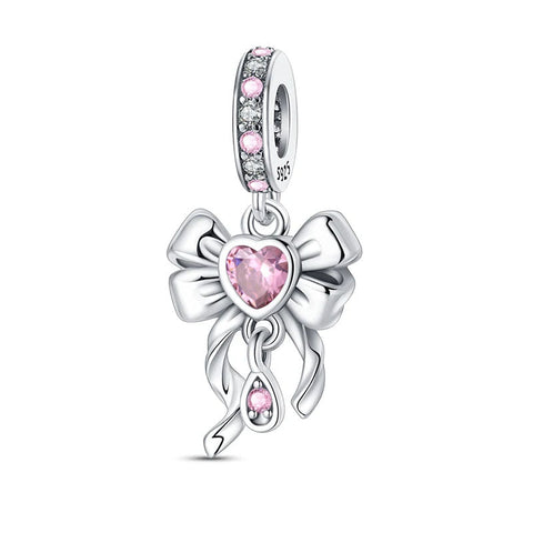 Sterling Silver Bow with Pink Heart Charm - Sterling Silver Bow with Pink Heart Charm