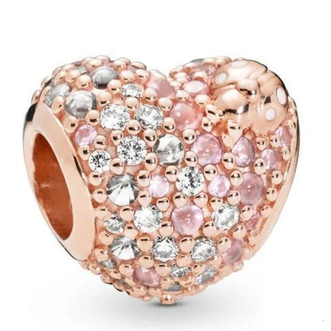 Pink Heart Charm with CZ and Rose Gold Finish - Pink heart charm with CZ stones and rose gold finish