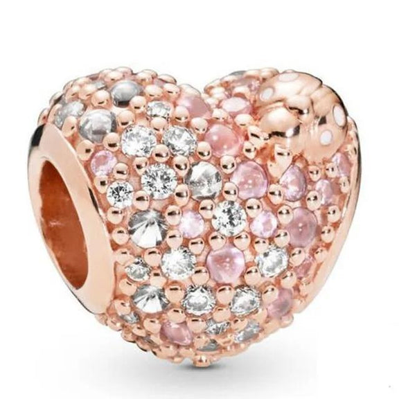 Pink Heart Charm with CZ and Rose Gold Finish - Pink heart charm with CZ stones and rose gold finish