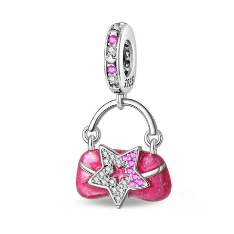 Sterling Silver Pink Purse with Star Charm - A sterling silver purse charm with pink enamel and a star-shaped zirconia design, perfect for fashionistas.
