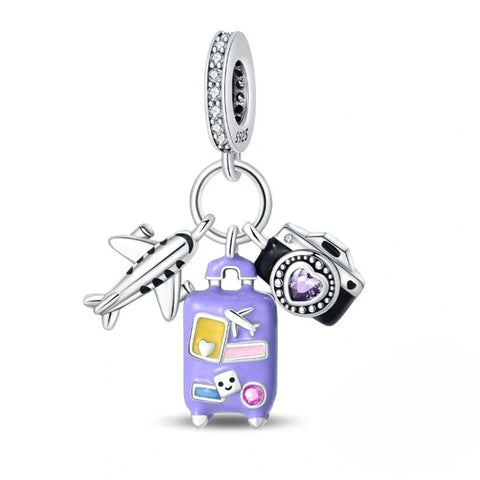 jewlouli plane camera and purple suitcase triple dangle pandora charm jewelry fits pandora bracelet