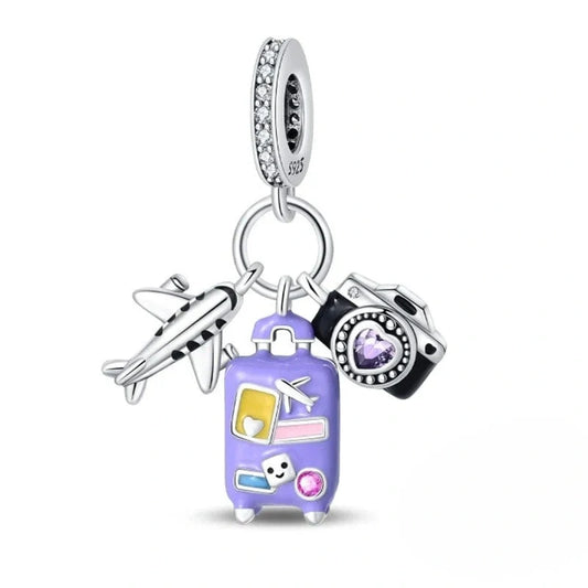 jewlouli plane camera and purple suitcase triple dangle pandora charm jewelry fits pandora bracelet