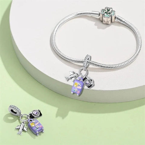 jewlouli plane camera and purple suitcase triple dangle pandora charm jewelry fits pandora bracelet