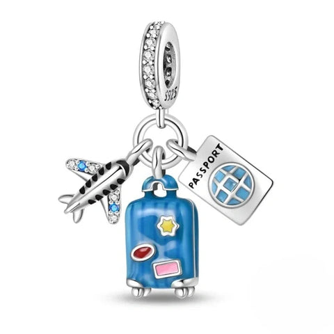 jewlouli plane passport and blue suitcase triple dangle pandora charm jewelry fits pandora bracelet