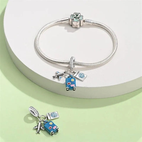 jewlouli plane passport and blue suitcase triple dangle pandora charm jewelry fits pandora bracelet