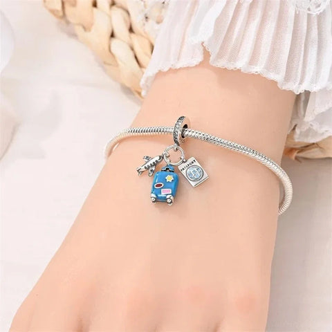 jewlouli plane passport and blue suitcase triple dangle pandora charm jewelry fits pandora bracelet