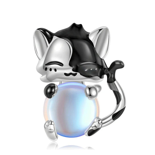 jewlouli playful cat with iridescent ball pandora charm jewelry fits pandora bracelet