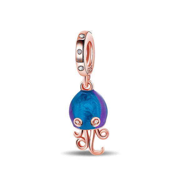 Playful Rose Gold Octopus Charm with Blue Enamel and Crystals - Playful rose gold octopus charm with blue enamel and crystals