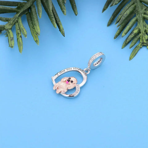 Poodle Dog Love heart Silver Charm