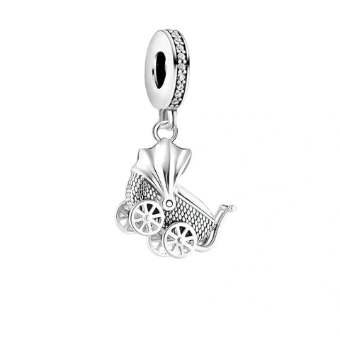 Silver baby carriage charm.