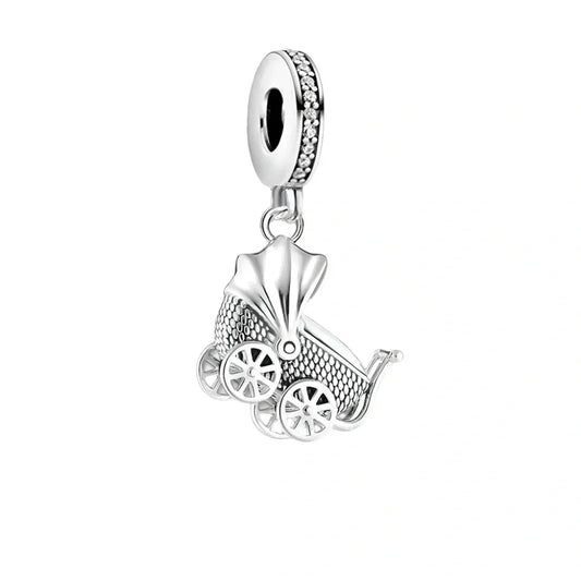 Silver baby carriage charm.