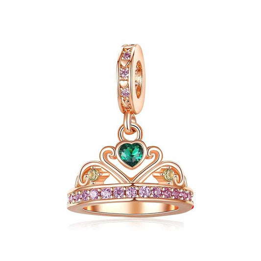 Rose gold princess crown charm with emerald green, pink, and yellow gem accents