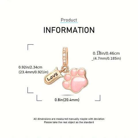 Product dimensions of a rose gold paw print charm with pink enamel and "Love" tag.