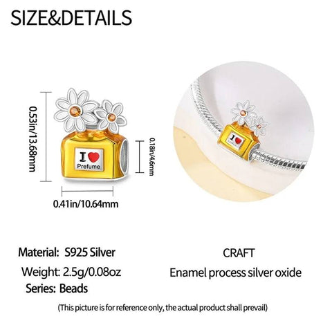 Floral Yellow Perfume Bottle Charm - Product dimensions and details of yellow perfume bottle charm with daisies for bracelet.
