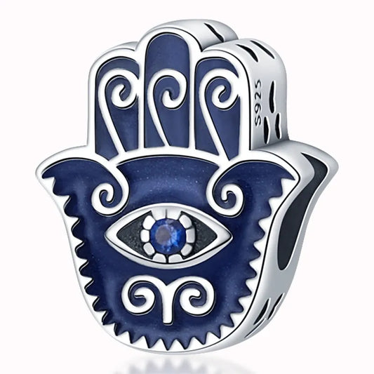 protective hamsa hand charm in sterling silver with eye and enamel details