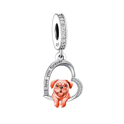 Pug Dog Love heart Silver Charm - Pug Dog Love heart Silver Charm