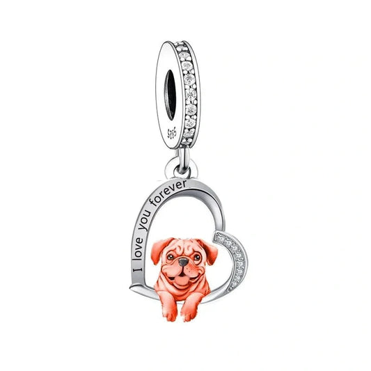 Pug Dog Love heart Silver Charm