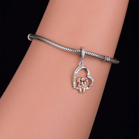Pug Dog Love heart Silver Charm