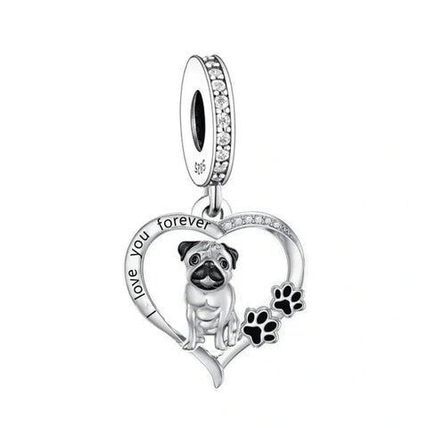 Pug Heart Love Silver Charm