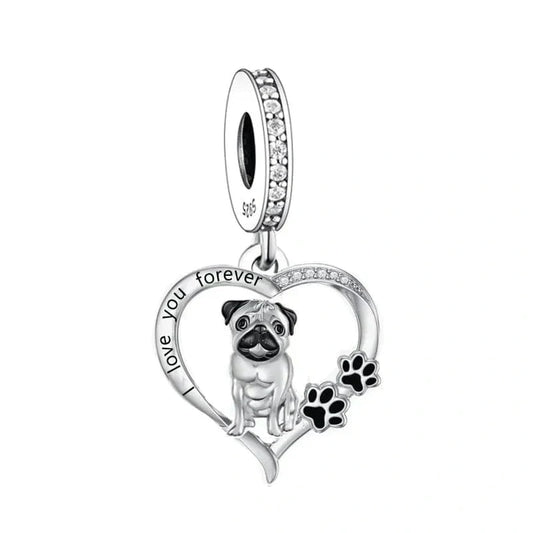 Pug Heart Love Silver Charm