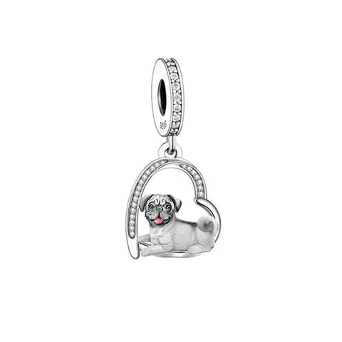 Pug Love Heart silver Charm - Pug Love Heart silver Charm