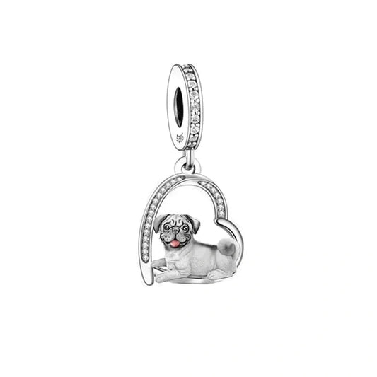 Pug Love Heart silver Charm
