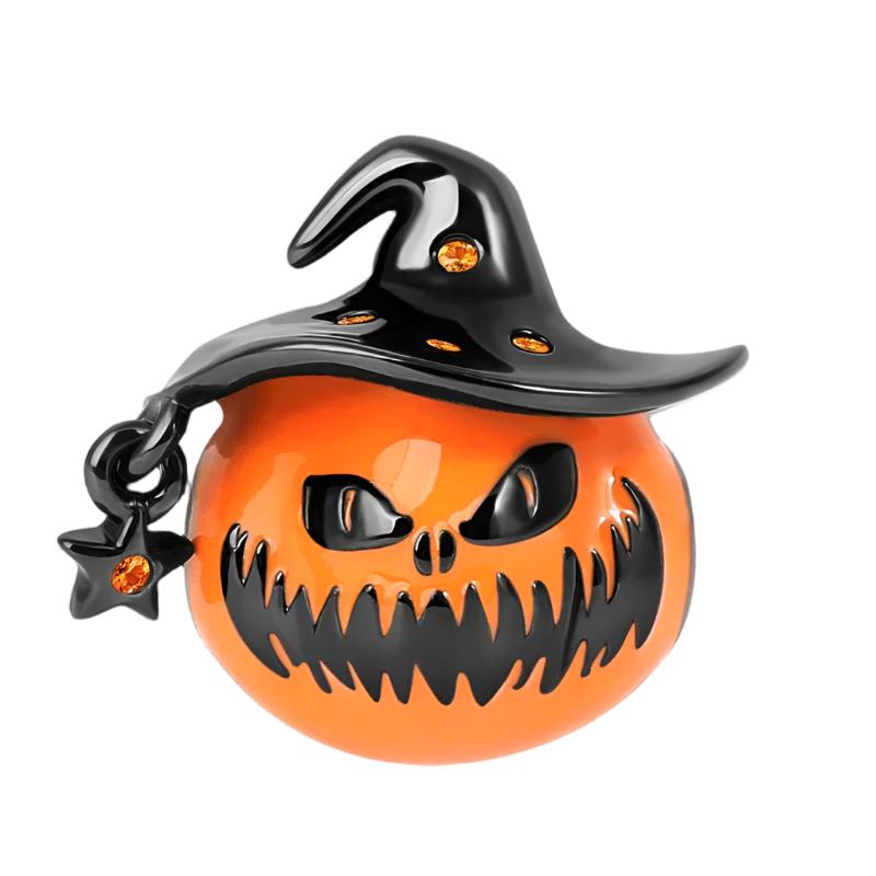 Sterling silver Halloween pumpkin charm with orange enamel and a black witch hat, ideal for charm bracelets.