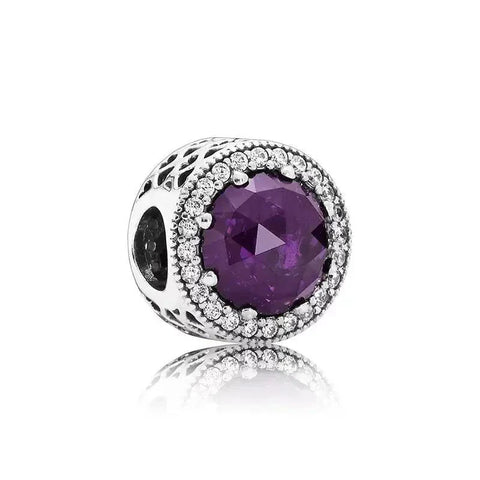 Purple Amethyst Crystal Charm with Sparkling Halo in Sterling Silver - Sterling silver charm with deep purple amethyst crystal and cubic zirconia halo design.