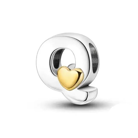 Q Letter Gold Heart charm letter - Q Silver charm letter with gold heart for pandora bracelets