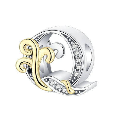 Dual-Tone Gold and Silver Q Letter Charm with Crystal Accents - Dual-Tone Gold and Silver Q Letter Charm with Crystal Accents