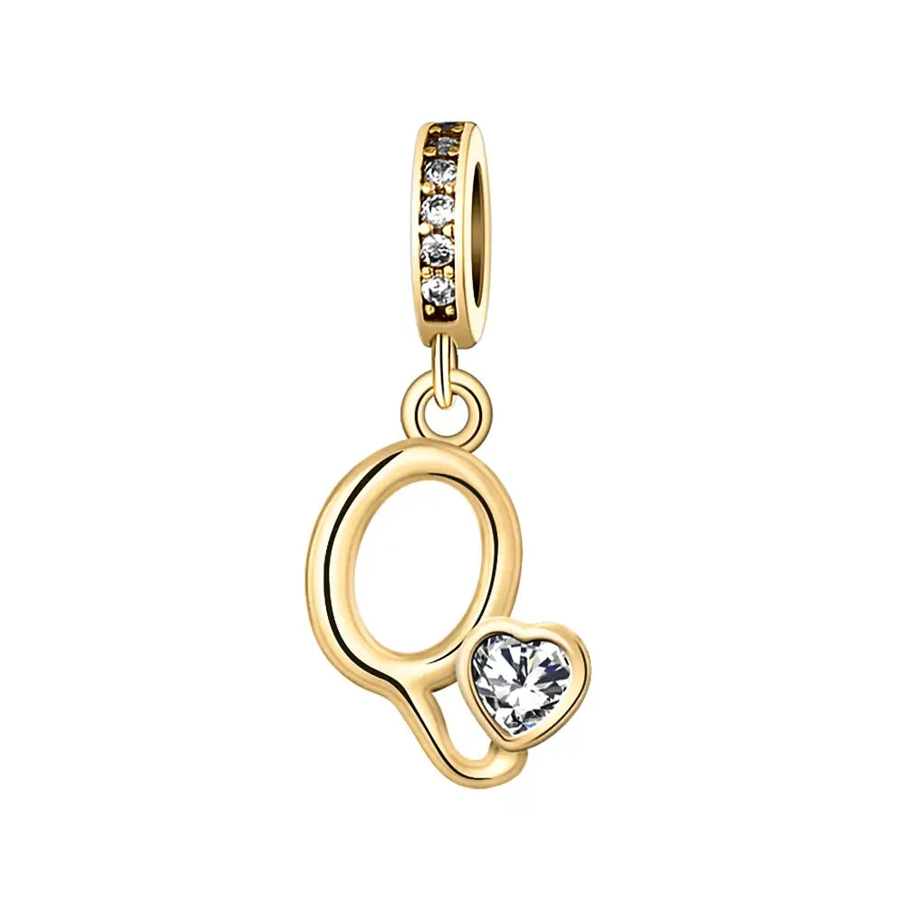 Gold Q Letter Charm with pendant crystal Heart